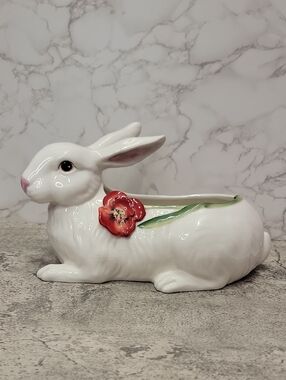 Vintage Fitz & Floyd Bunny Rabbit Planter Poppies Cottage Core